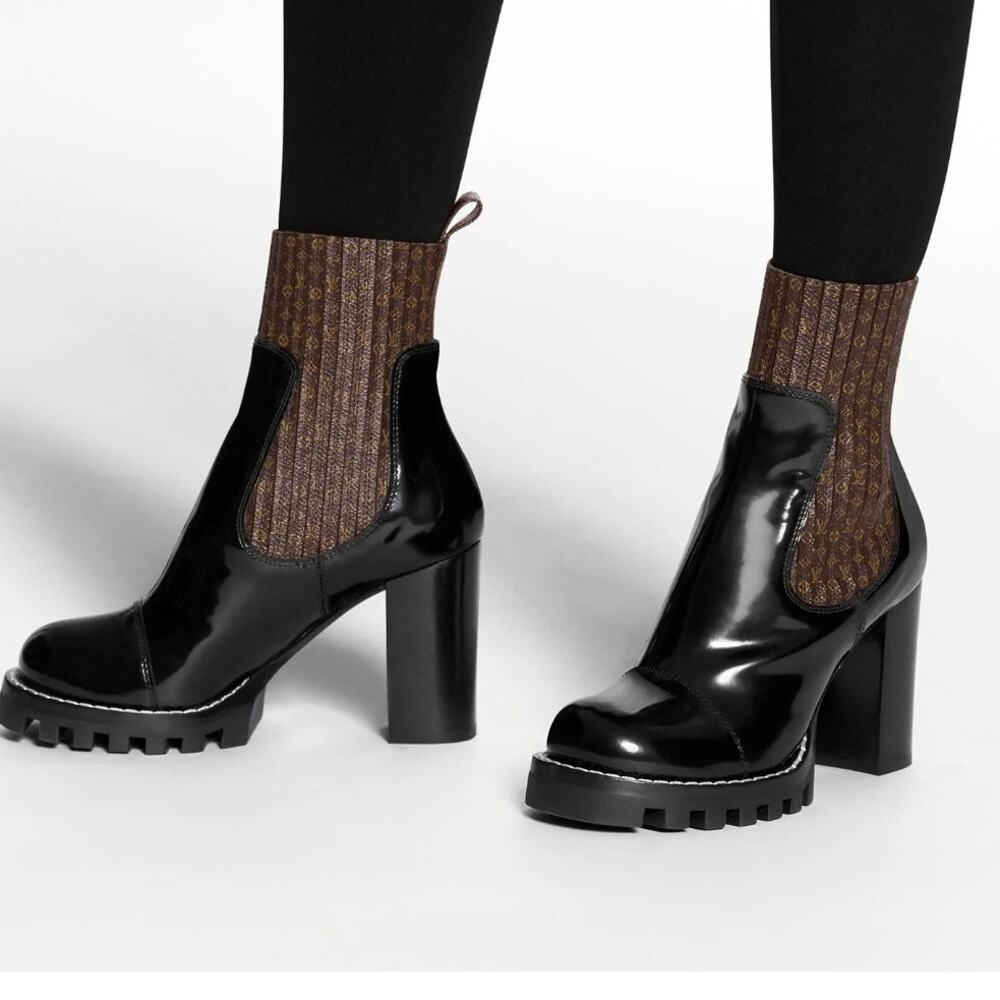 Louis Vuitton Glossy Black and Textured Brown Booties